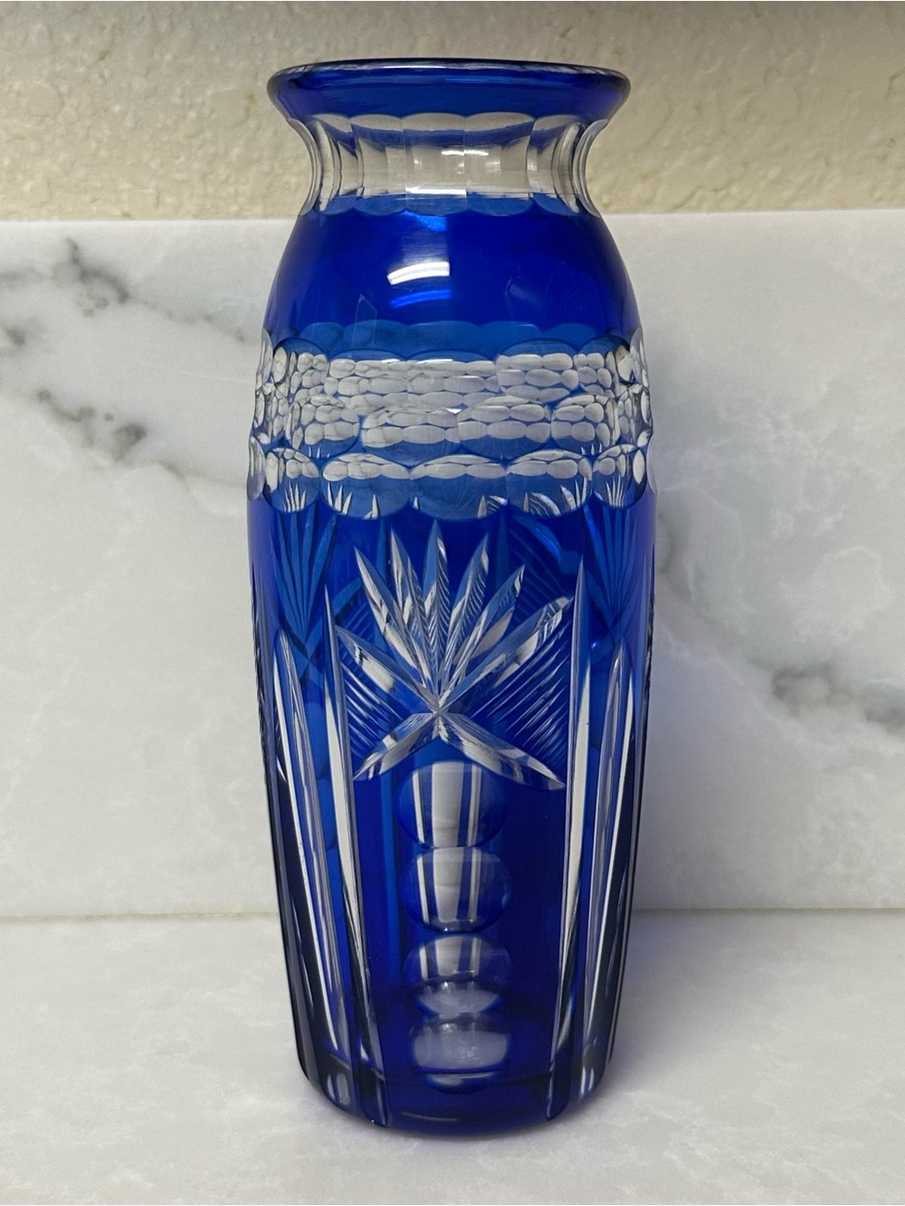 vintage cobalt blue cut-to-clear crystal vase